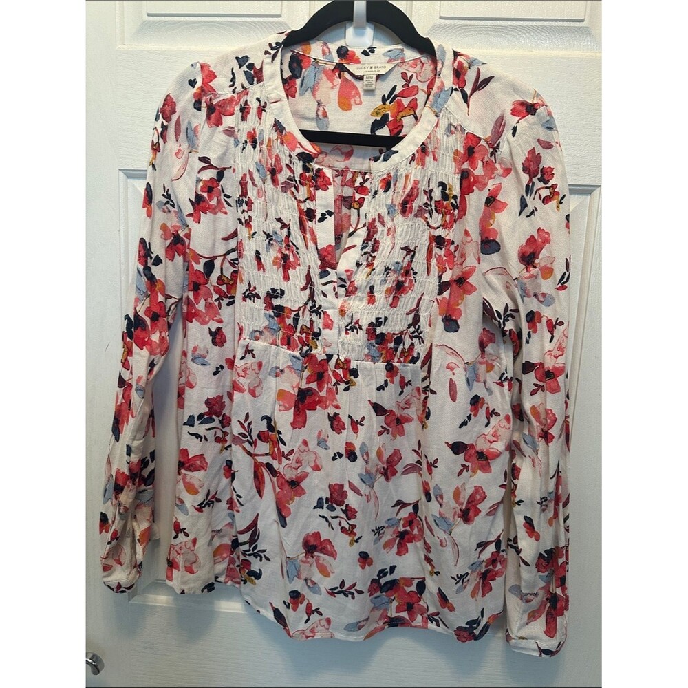 Lucky Brand White Blouse with Pink & Coral Floral Print Peasant Style Size M